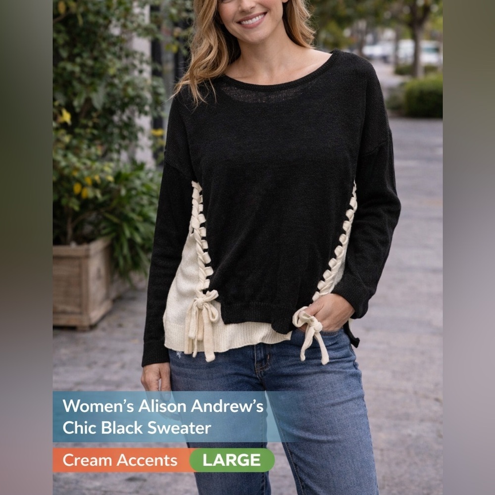 Alison Andrew’s Chic Black Sweater with Cream Accents LARGE